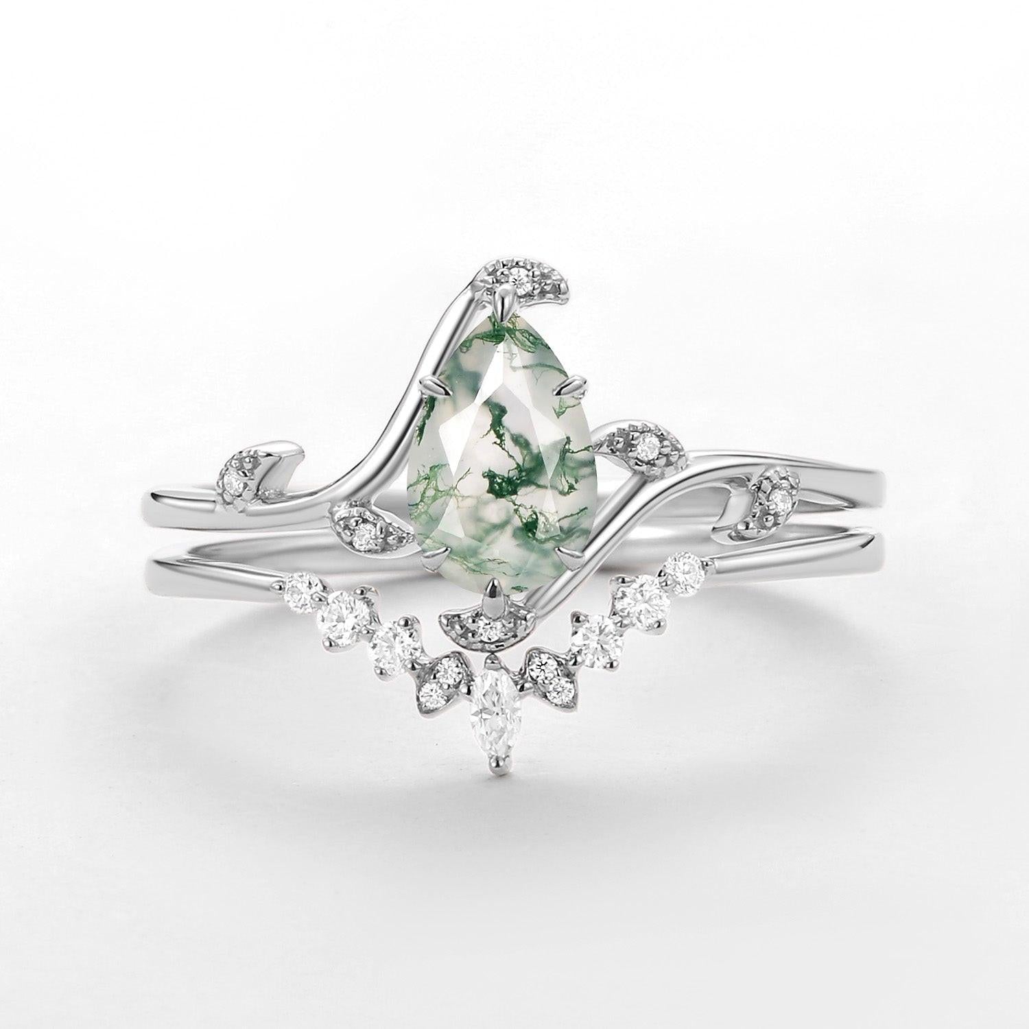 Ivy Unique Pear Cut Moss Agate Leafy Engagement Ring Sets 2pcs.