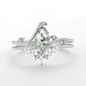 Ivy Unique Pear Cut Moss Agate Leafy Engagement Ring Sets 2pcs.