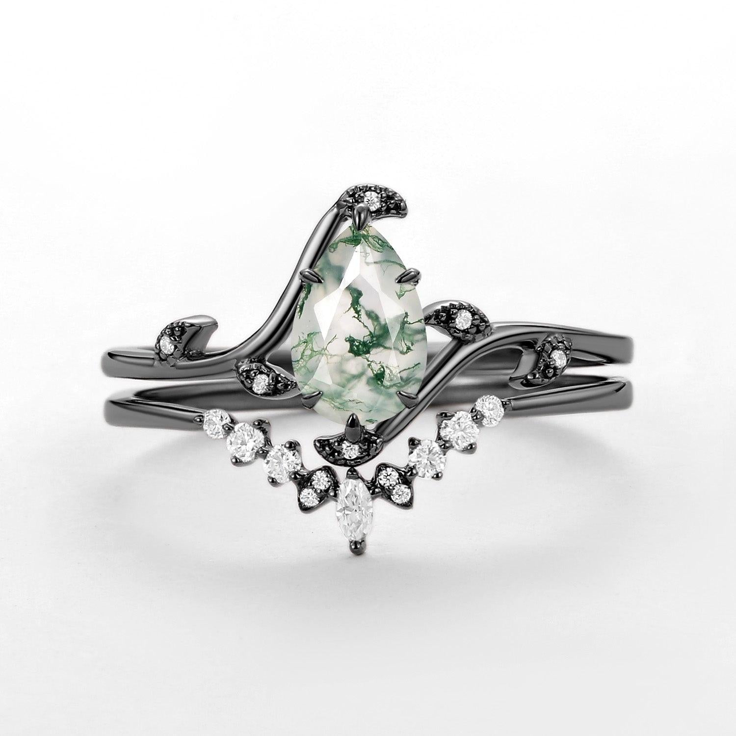 Ivy Unique Pear Cut Moss Agate Leafy Engagement Ring Sets 2pcs.