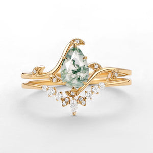 Ivy Unique Pear Cut Moss Agate Leafy Engagement Ring Sets 2pcs.