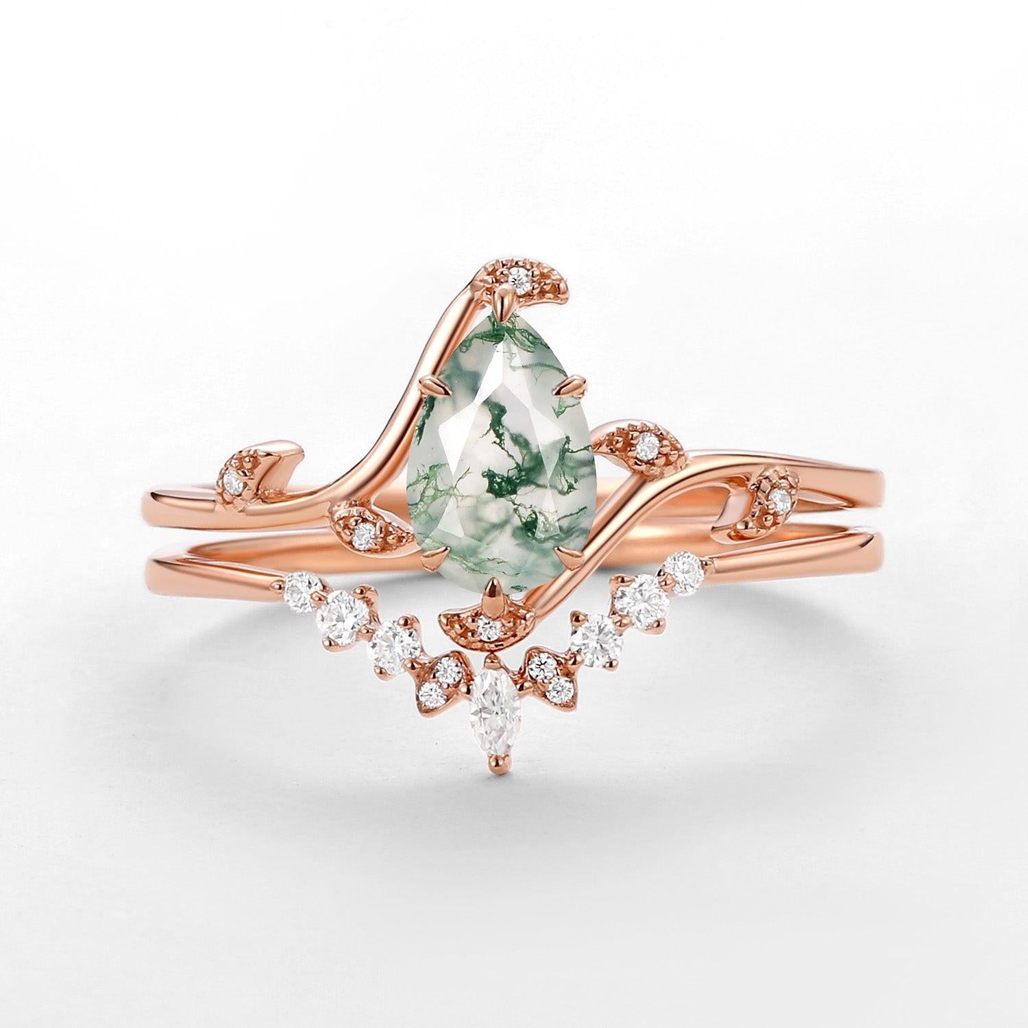 Ivy Unique Pear Cut Moss Agate Leafy Engagement Ring Sets 2pcs.