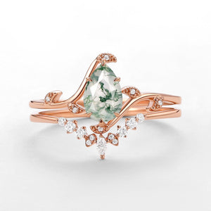 Ivy Unique Pear Cut Moss Agate Leafy Engagement Ring Sets 2pcs.