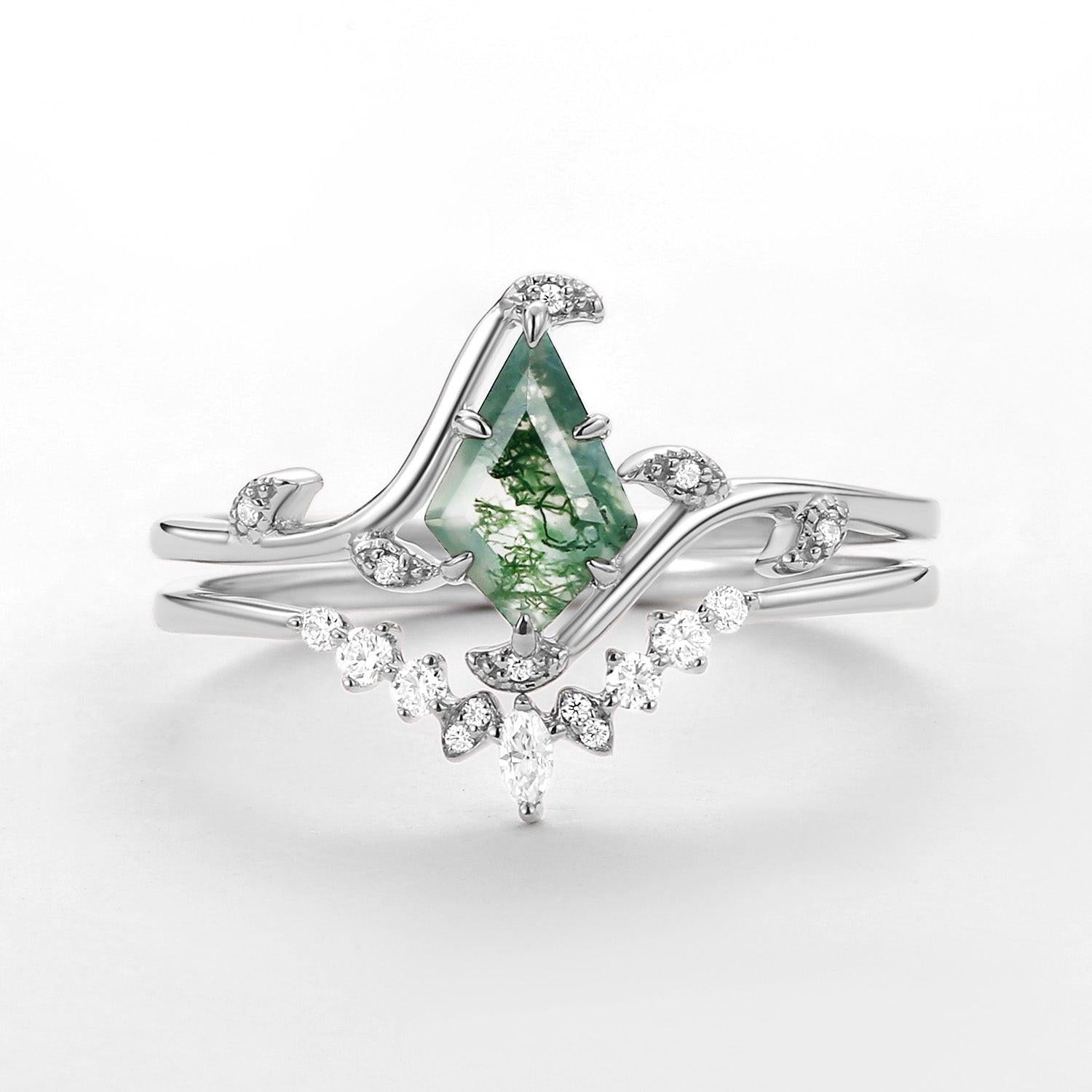 Ivy Unique Kite Cut Moss Agate Leafy Engagement Ring Sets 2pcs.
