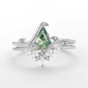 Ivy Unique Kite Cut Moss Agate Leafy Engagement Ring Sets 2pcs.