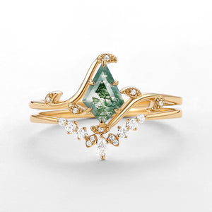 Ivy Unique Kite Cut Moss Agate Leafy Engagement Ring Sets 2pcs.