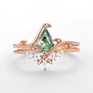 Ivy Unique Kite Cut Moss Agate Leafy Engagement Ring Sets 2pcs.