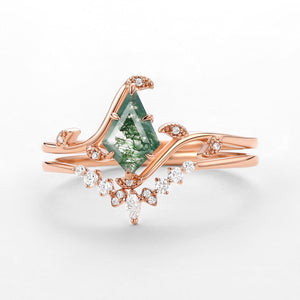 Ivy Unique Kite Cut Moss Agate Leafy Engagement Ring Sets 2pcs.