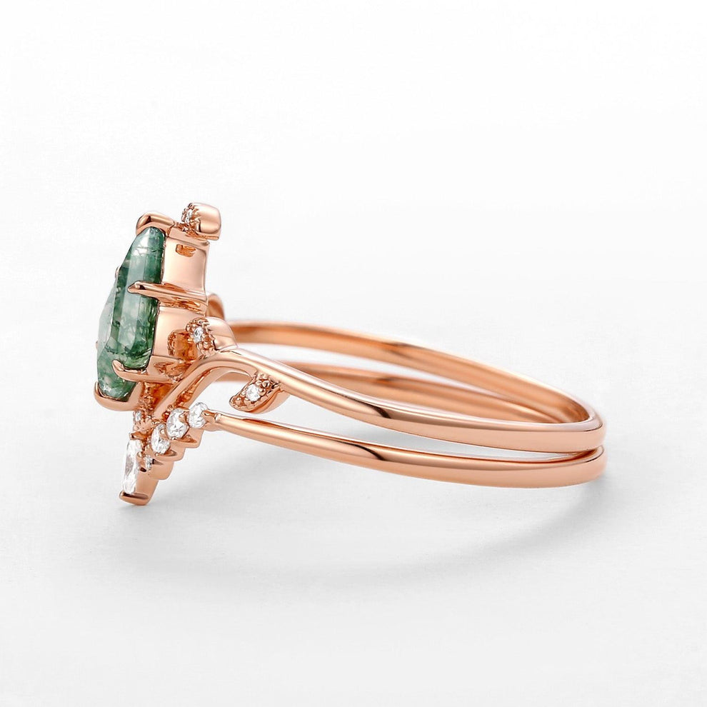 Ivy Unique Kite Cut Moss Agate Leafy Engagement Ring Sets 2pcs.