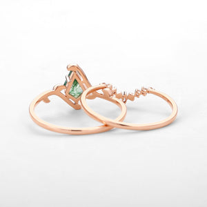 Ivy Unique Kite Cut Moss Agate Leafy Engagement Ring Sets 2pcs.