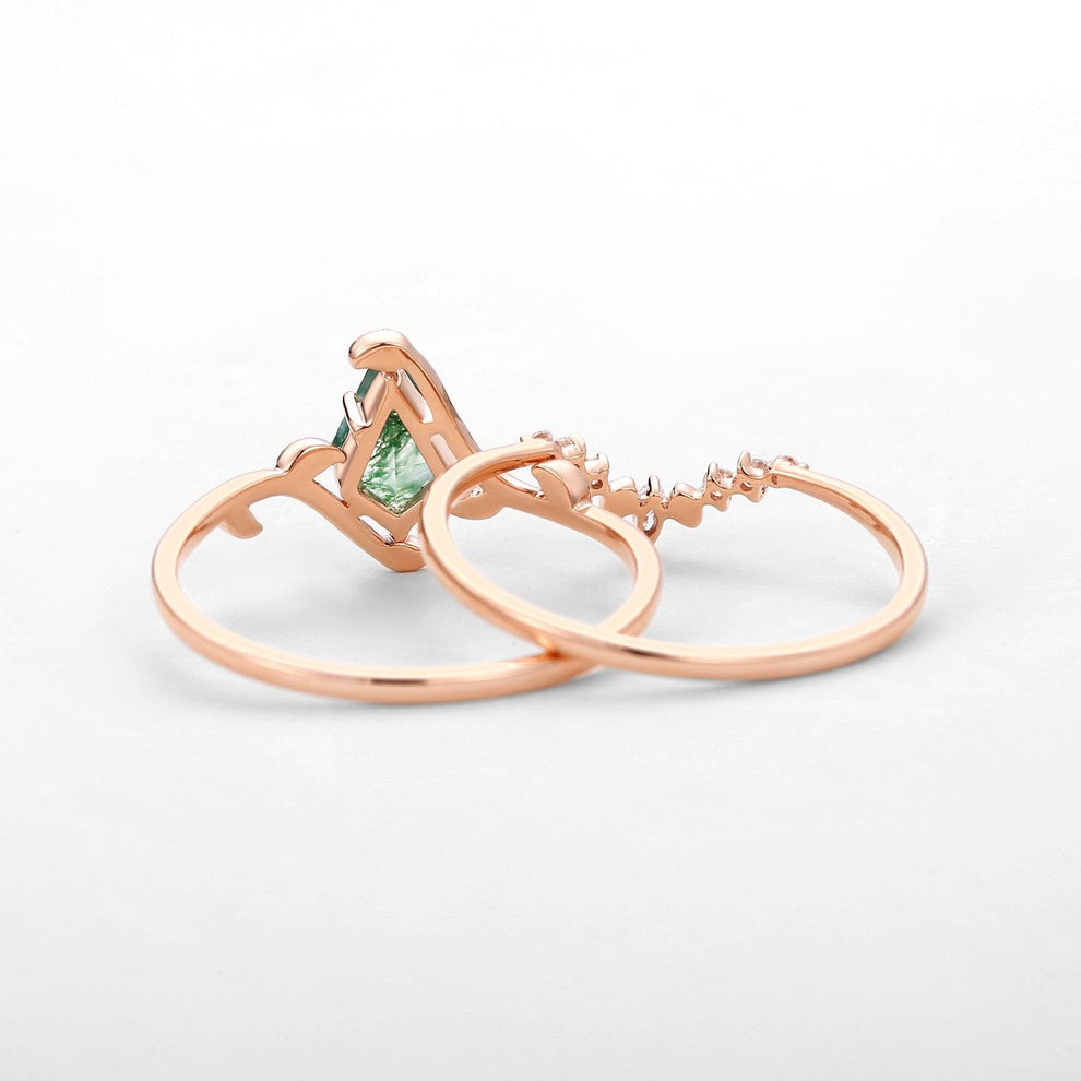 Ivy Unique Kite Cut Moss Agate Leafy Engagement Ring Sets 2pcs.