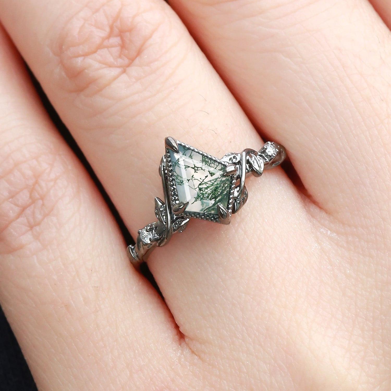 Leafy Kite Cut Moss Agate & Moissanite Engagement Ring.