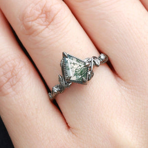 Leafy Kite Cut Moss Agate & Moissanite Engagement Ring.
