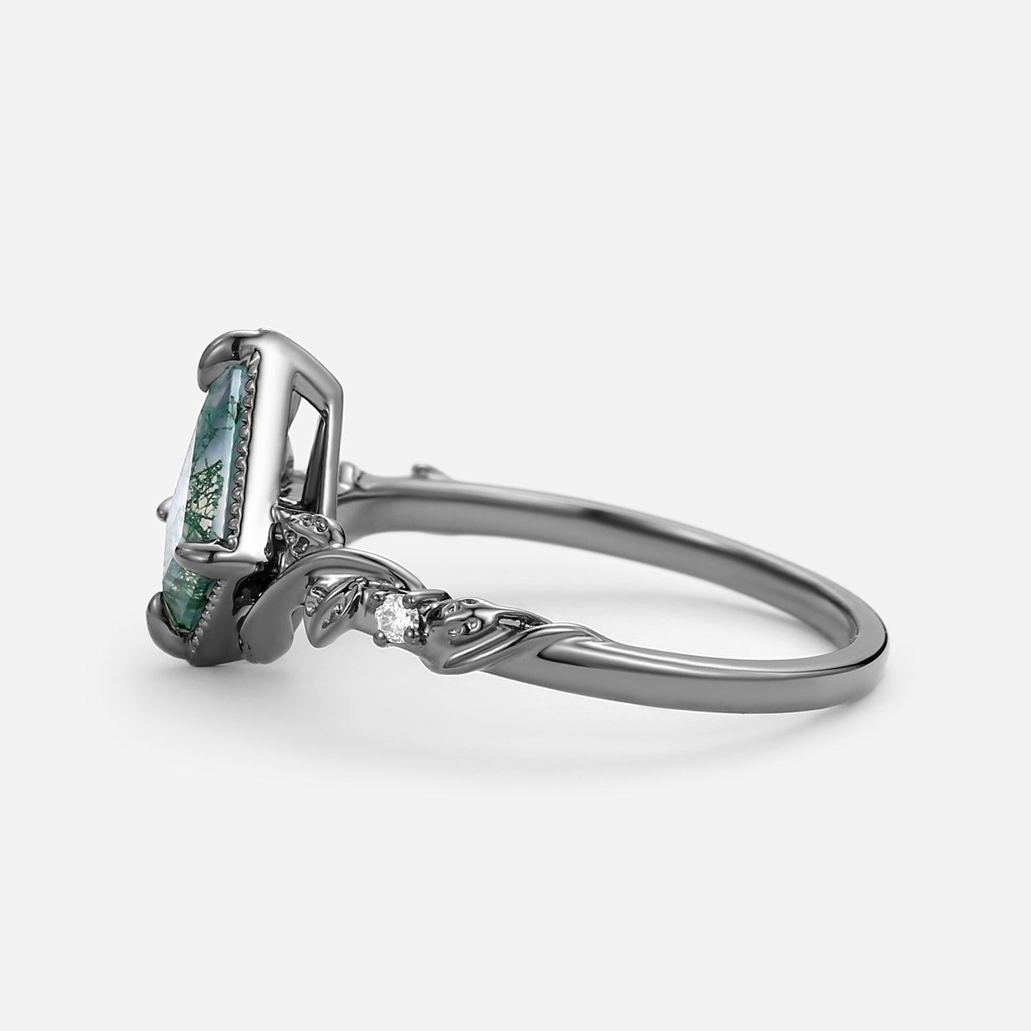 Leafy Kite Cut Moss Agate & Moissanite Engagement Ring.