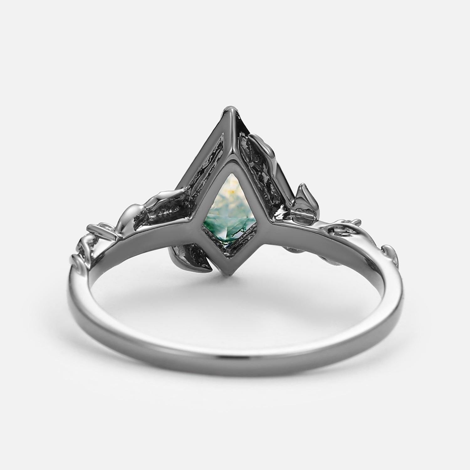 Leafy Kite Cut Moss Agate & Moissanite Engagement Ring.