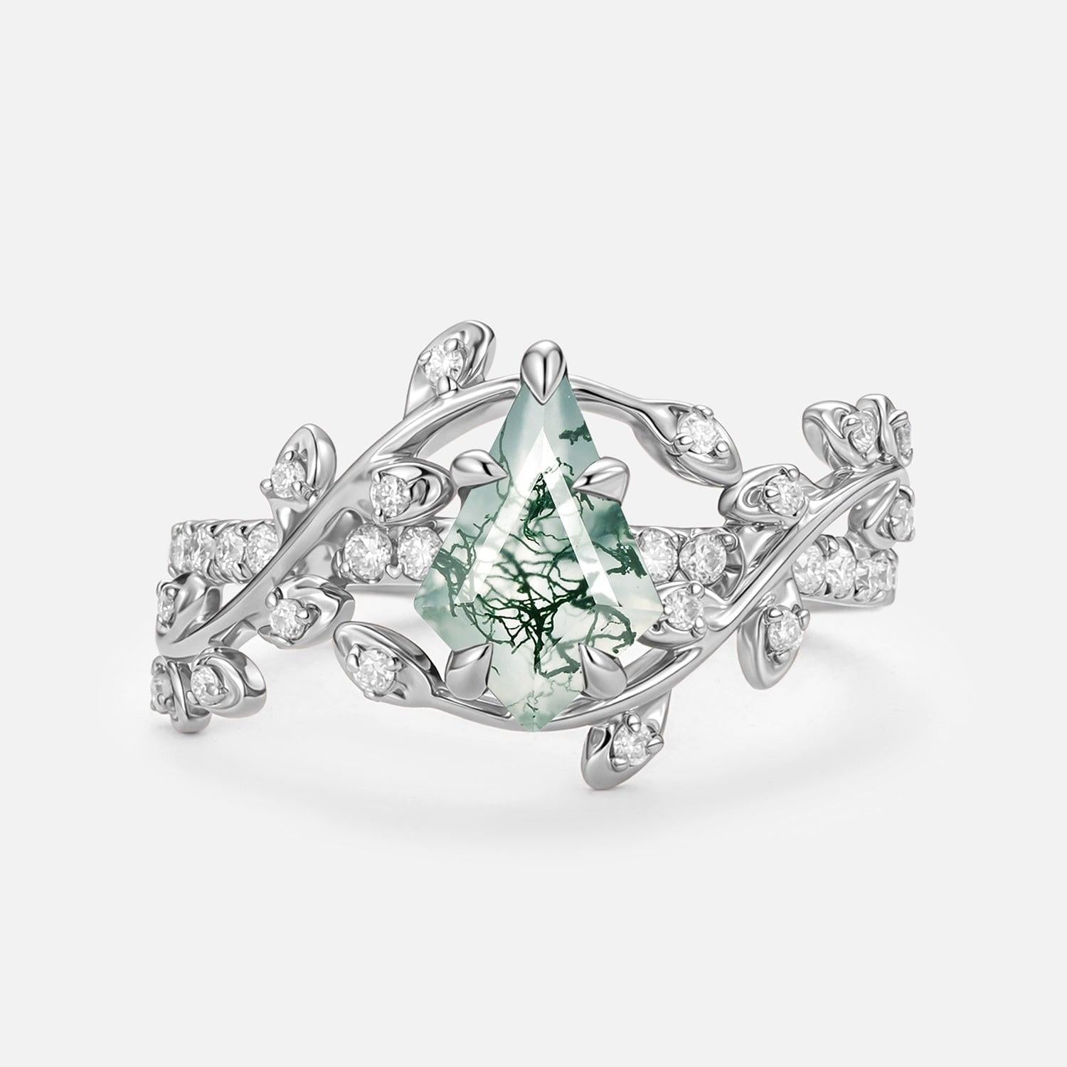 Wren Kite Cut Moss Agate Leafy Pave Engagement Ring.