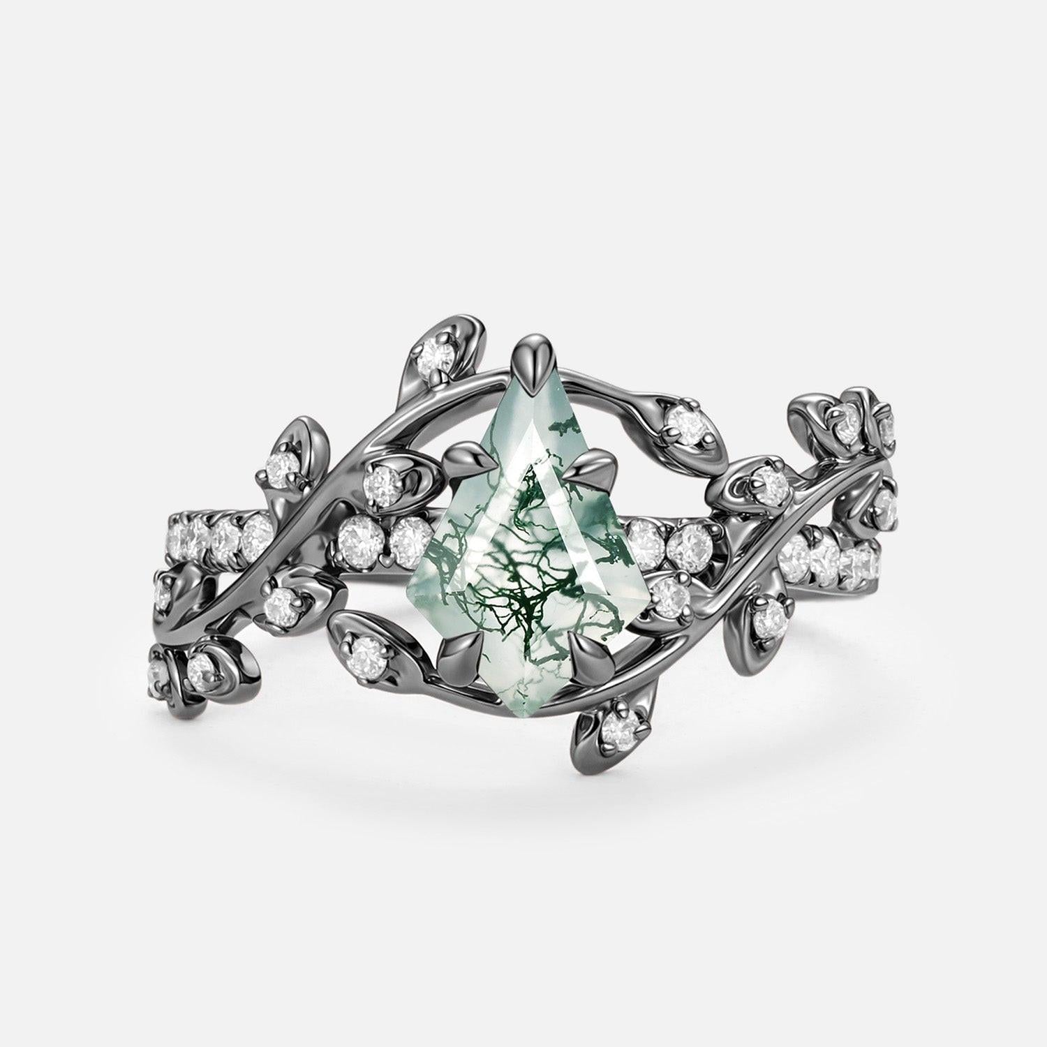 Wren Kite Cut Moss Agate Leafy Pave Engagement Ring.