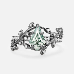 Wren Kite Cut Moss Agate Leafy Pave Engagement Ring.