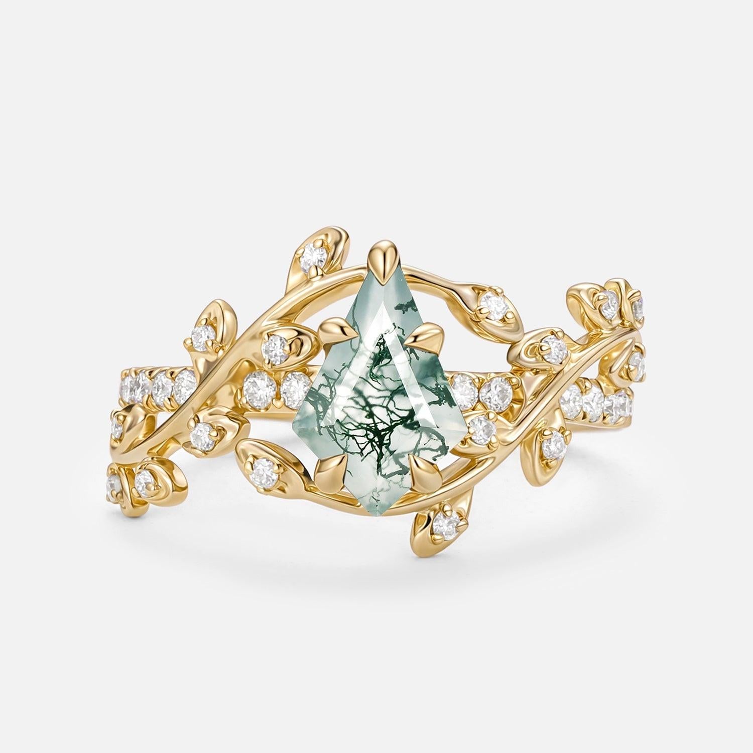 Wren Kite Cut Moss Agate Leafy Pave Engagement Ring.