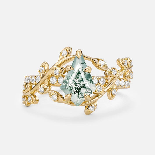 Wren Kite Cut Moss Agate Leafy Pave Engagement Ring.