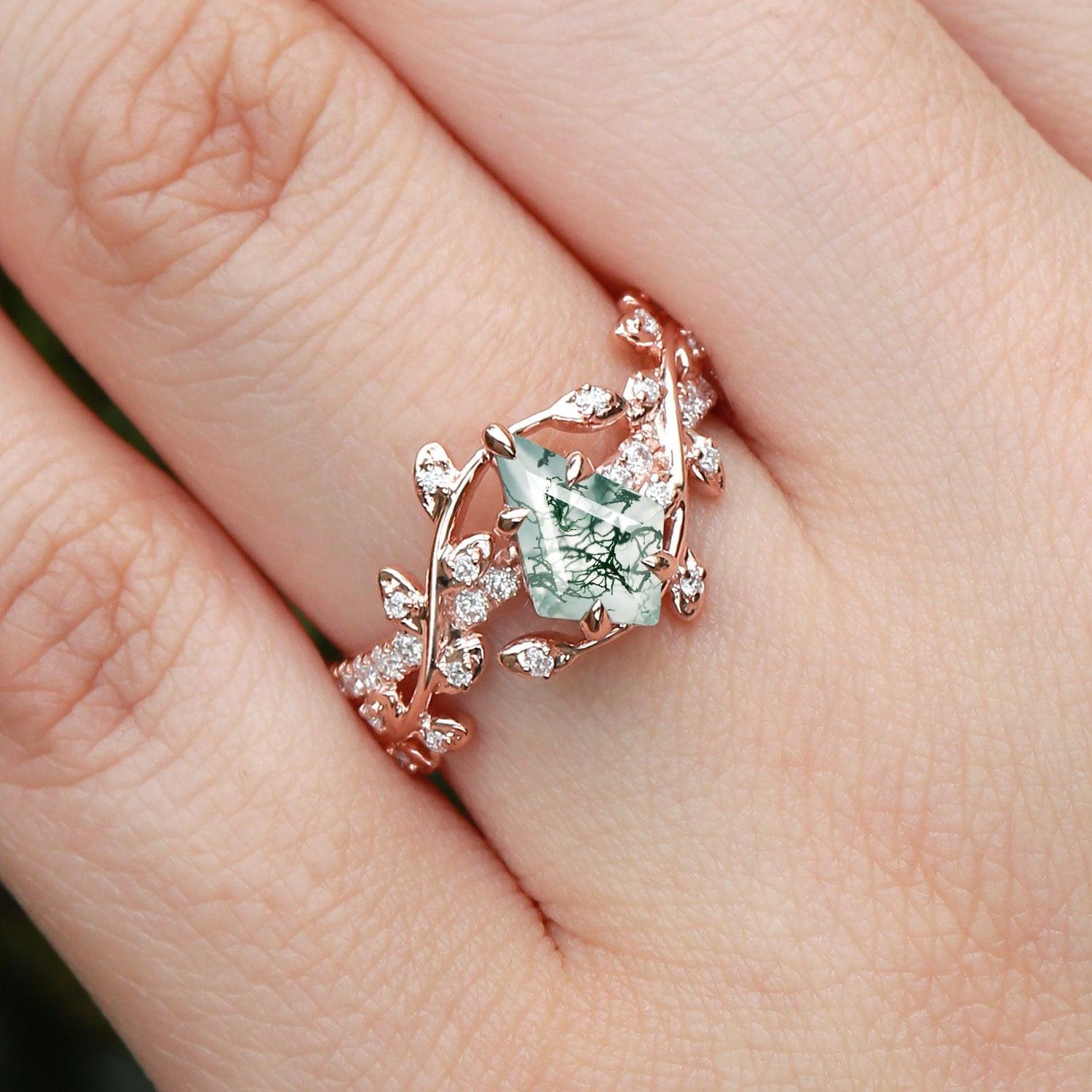 Wren Kite Cut Moss Agate Leafy Pave Engagement Ring.