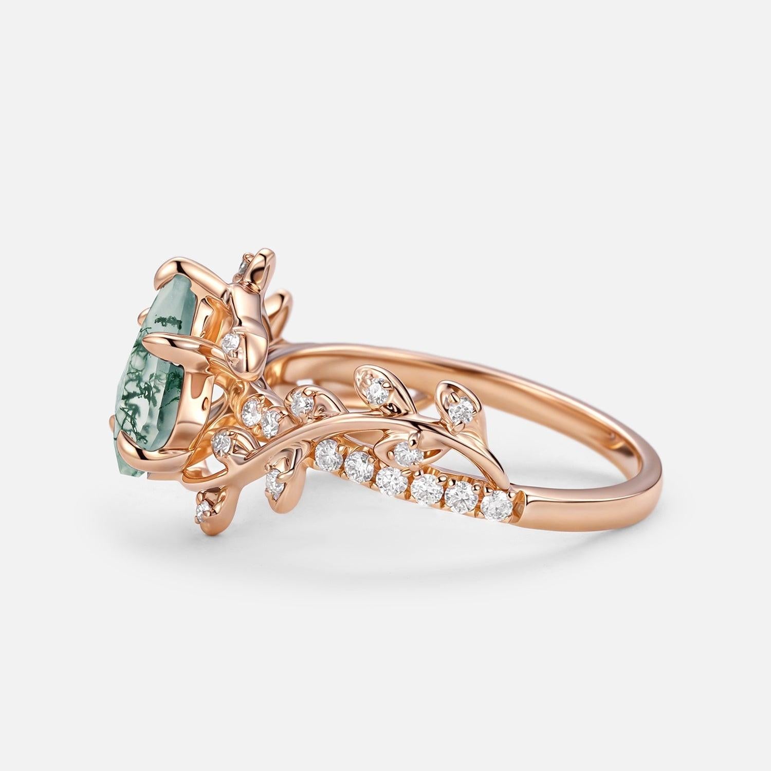 Wren Kite Cut Moss Agate Leafy Pave Engagement Ring.