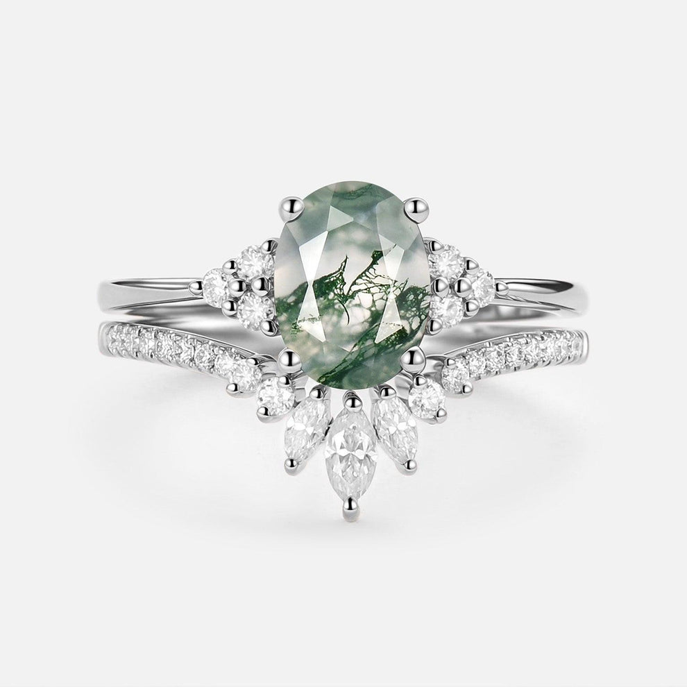Lydia 1.5ct Oval Cut Moss Agate Classic Cluster Gold Ring Set 2pcs.