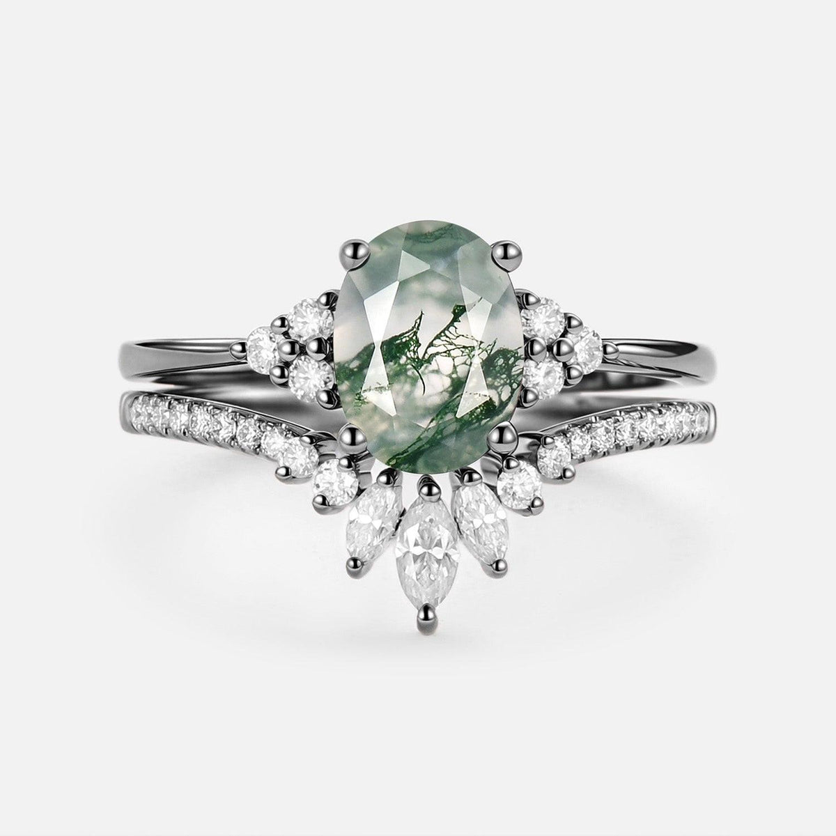 Lydia 1.5ct Oval Cut Moss Agate Classic Cluster Gold Ring Set 2pcs.