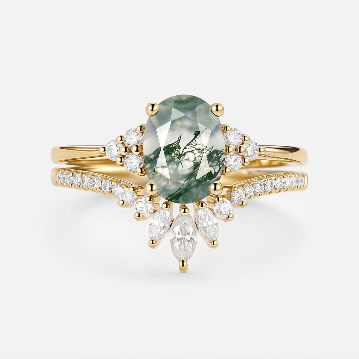 Lydia 1.5ct Oval Cut Moss Agate Classic Cluster Gold Ring Set 2pcs.