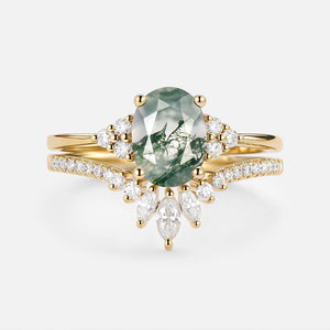 Lydia 1.5ct Oval Cut Moss Agate Classic Cluster Gold Ring Set 2pcs.