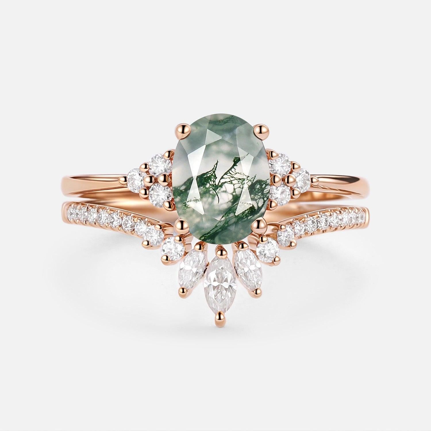 Lydia 1.5ct Oval Cut Moss Agate Classic Cluster Gold Ring Set 2pcs.