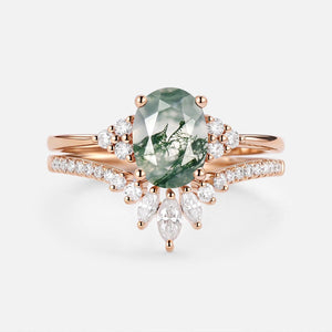Lydia 1.5ct Oval Cut Moss Agate Classic Cluster Gold Ring Set 2pcs.
