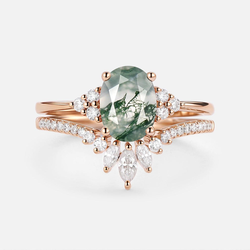 Lydia 1.5ct Oval Cut Moss Agate Classic Cluster Gold Ring Set 2pcs.