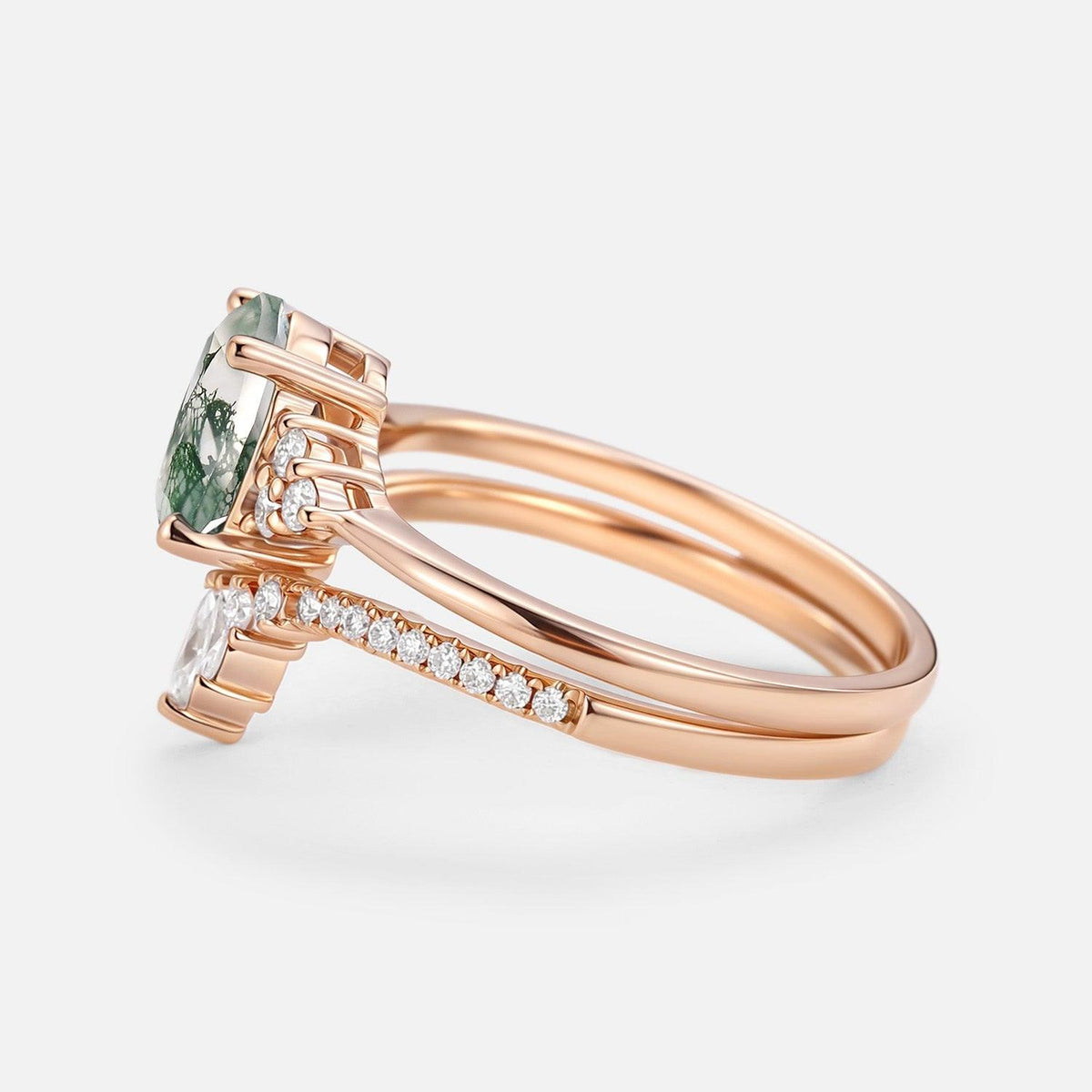 Lydia 1.5ct Oval Cut Moss Agate Classic Cluster Gold Ring Set 2pcs.
