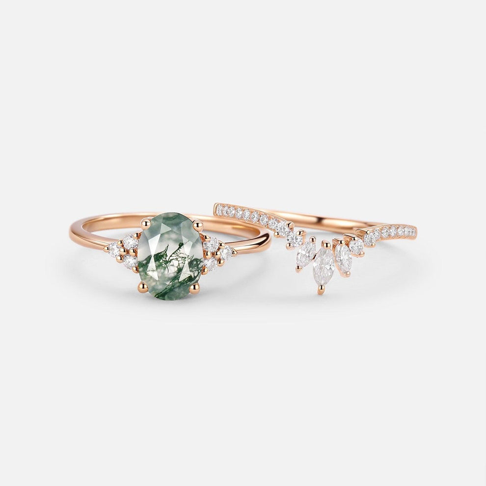 Lydia 1.5ct Oval Cut Moss Agate Classic Cluster Gold Ring Set 2pcs.