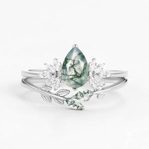 Amayah Pear Cut Moss Agate Leafy Forest Elves Engagement Ring Set 2pcs.