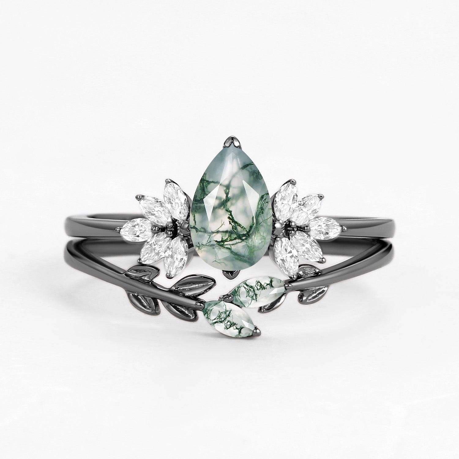 Amayah Pear Cut Moss Agate Leafy Forest Elves Engagement Ring Set 2pcs.