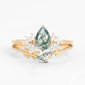 Amayah Pear Cut Moss Agate Leafy Forest Elves Engagement Ring Set 2pcs.