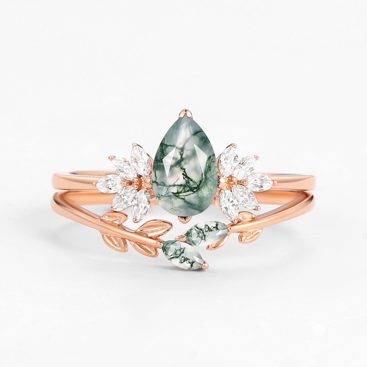 Amayah Pear Cut Moss Agate Leafy Forest Elves Engagement Ring Set 2pcs.