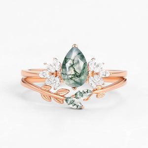 Amayah Pear Cut Moss Agate Leafy Forest Elves Engagement Ring Set 2pcs.
