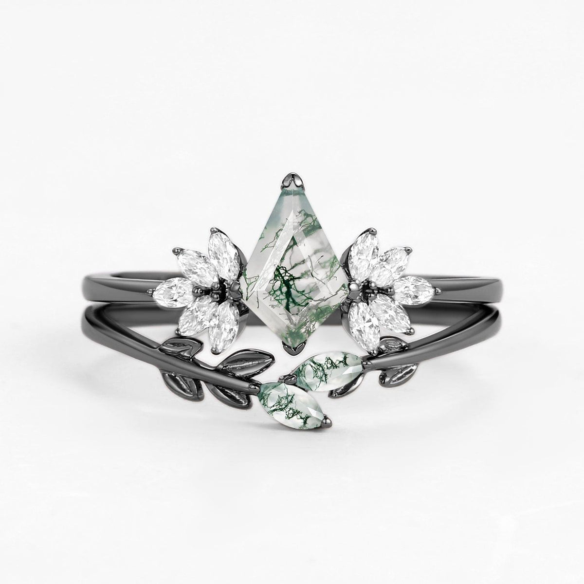 Amayah’s Enclave | Black Gold Moss Agate Leafy Engagement Ring Set 2pcs.