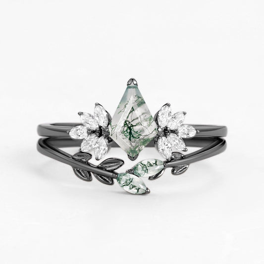 Amayah’s Enclave | Black Gold Moss Agate Leafy Engagement Ring Set 2pcs.