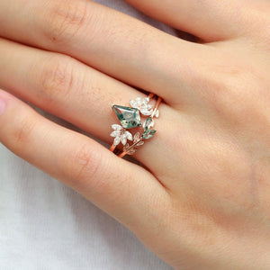 Amayah’s Enclave | Black Gold Moss Agate Leafy Engagement Ring Set 2pcs.