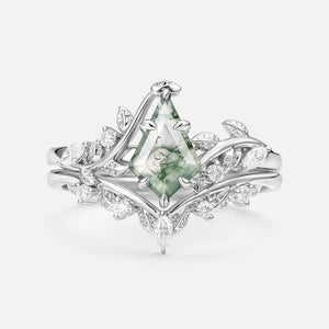 Vine Kite Cut Moss Agate Leafy Engagement Ring Sets 2pcs.