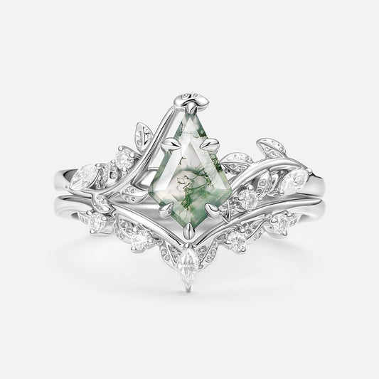 Vine Kite Cut Moss Agate Leafy Engagement Ring Sets 2pcs.