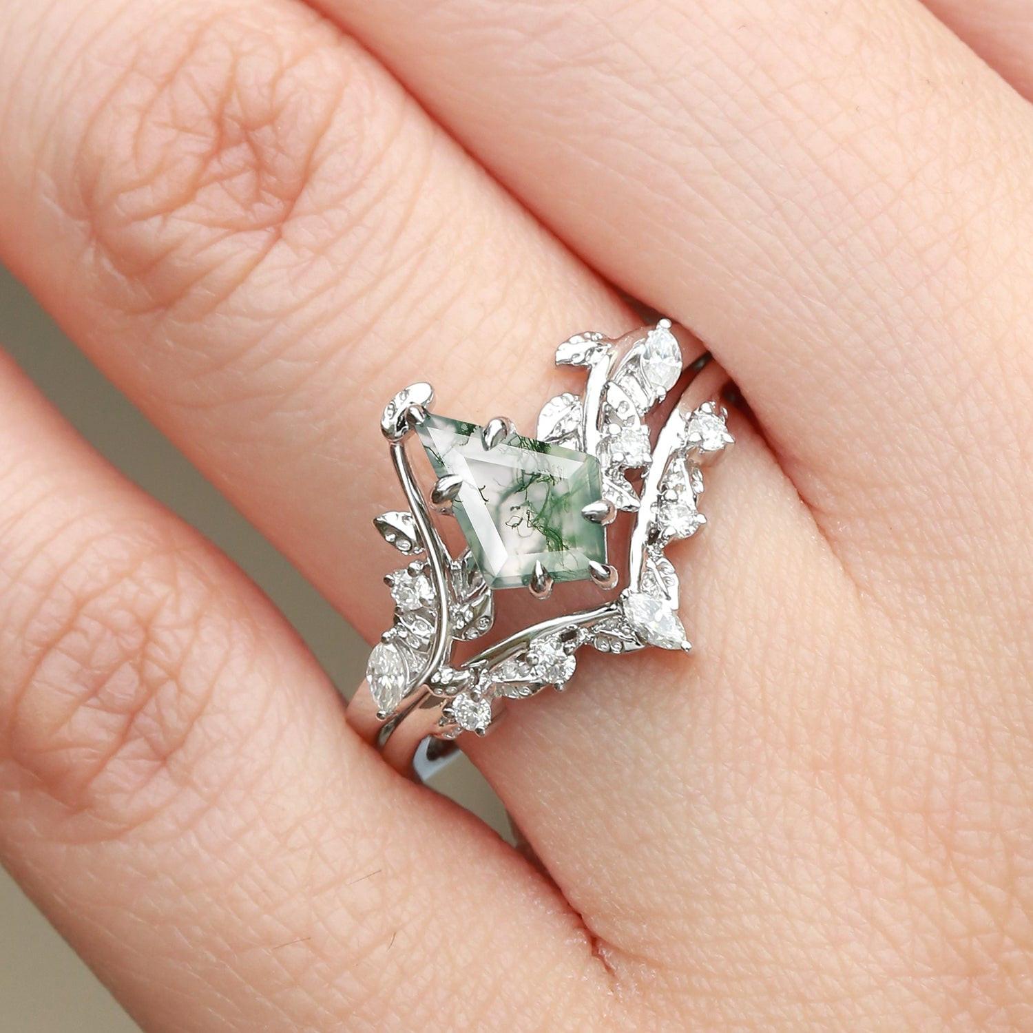 Vine Kite Cut Moss Agate Leafy Engagement Ring Sets 2pcs.