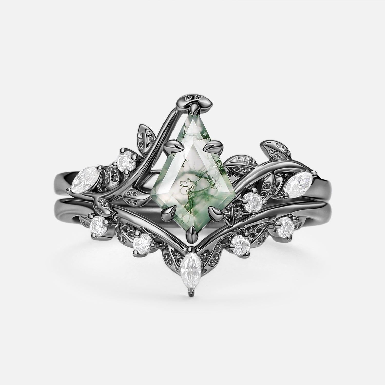 Vine Kite Cut Moss Agate Leafy Engagement Ring Sets 2pcs.