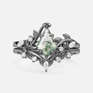 Vine Kite Cut Moss Agate Leafy Engagement Ring Sets 2pcs.