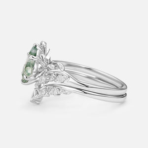 Vine Kite Cut Moss Agate Leafy Engagement Ring Sets 2pcs.