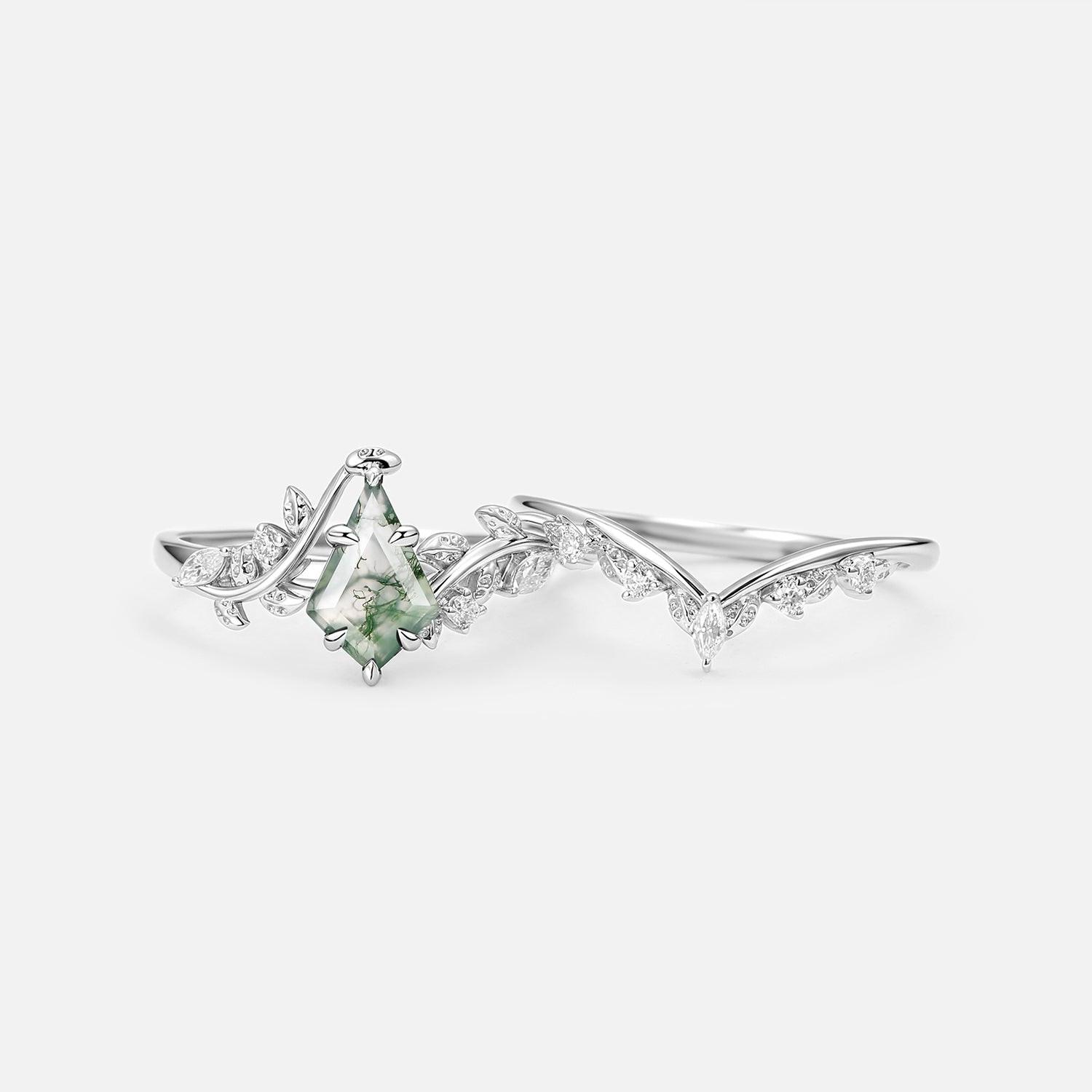 Vine Kite Cut Moss Agate Leafy Engagement Ring Sets 2pcs.