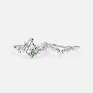Vine Kite Cut Moss Agate Leafy Engagement Ring Sets 2pcs.